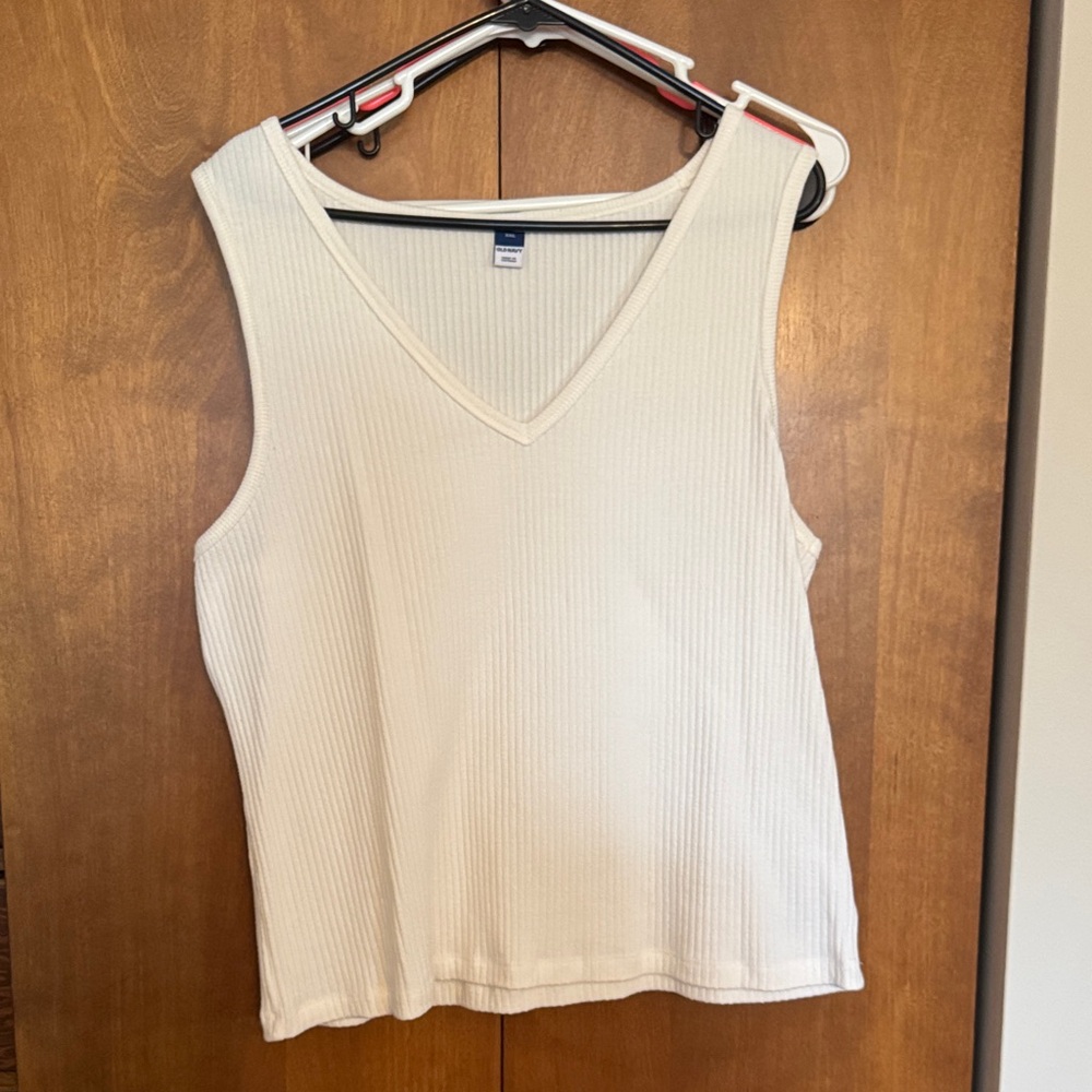 Cream Ribbed V-Neck Tank Top